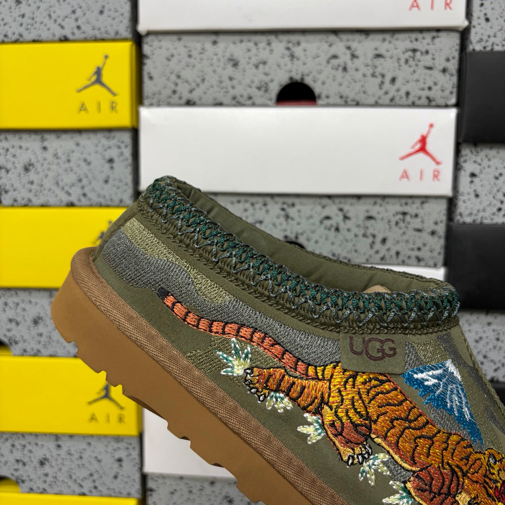 UGG x Palace Tazz Mule – Olive Sukajan Dragon Embroidery (Sizes 36–45)