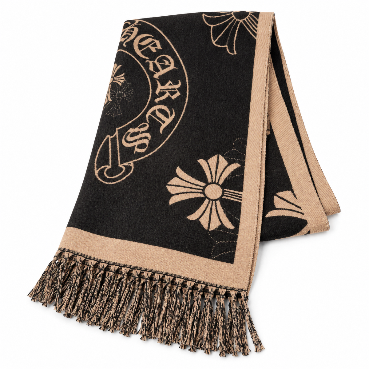 Chrome Hearts Style Cross Emblem Fringe Scarf
