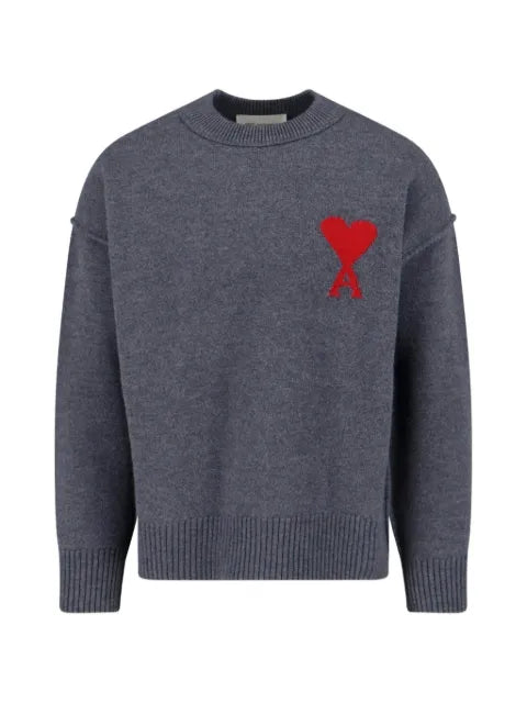 AMI Paris grey crewneck wool sweater with Ami de Coeur