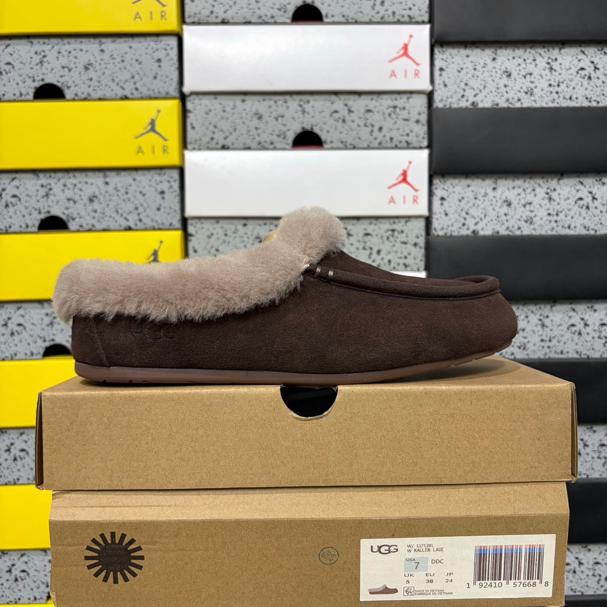 UGG Kallen Lace Moccasin – Chocolate & Grey Shearling (Sizes 35–40)