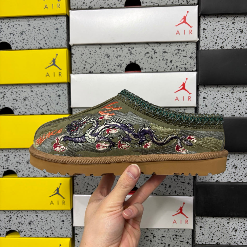 UGG x Palace Tazz Mule – Olive Sukajan Dragon Embroidery (Sizes 36–45)