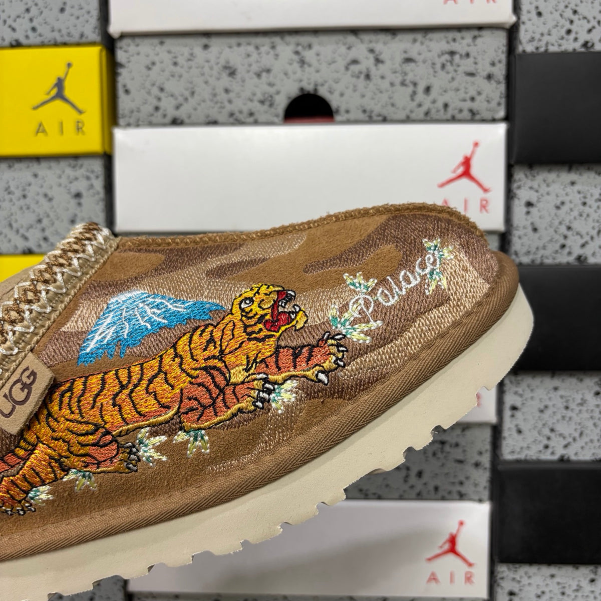 UGG x Palace Tazz Mule – Chestnut Sukajan Tiger Embroidery (Sizes 36–45)