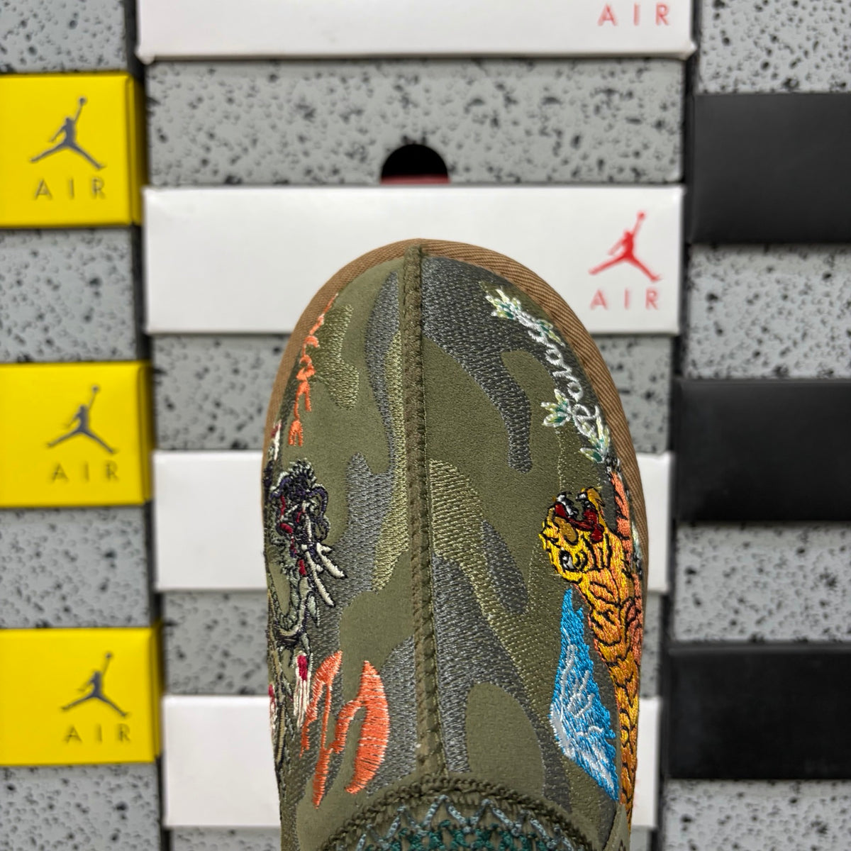 UGG x Palace Tazz Mule – Olive Sukajan Dragon Embroidery (Sizes 36–45)