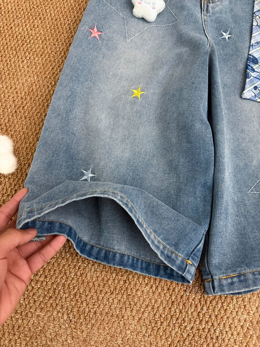 Bear Star Embroidery Plaid Scarf Wide Leg Denim Capri Pants