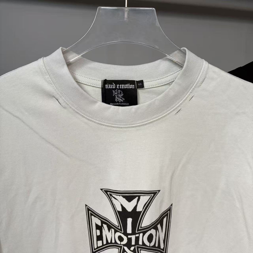 MIXED EMOTION Cross Graphic Distressed T-Shirt