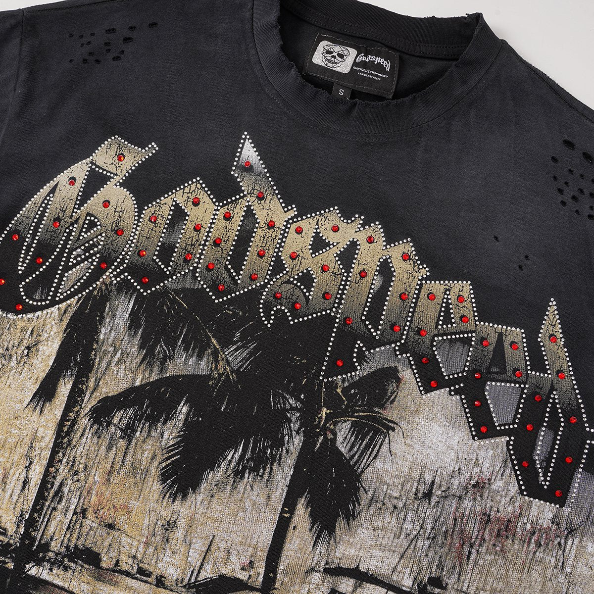 Godspeed Distressed Rhinestone Graphic T-Shirt