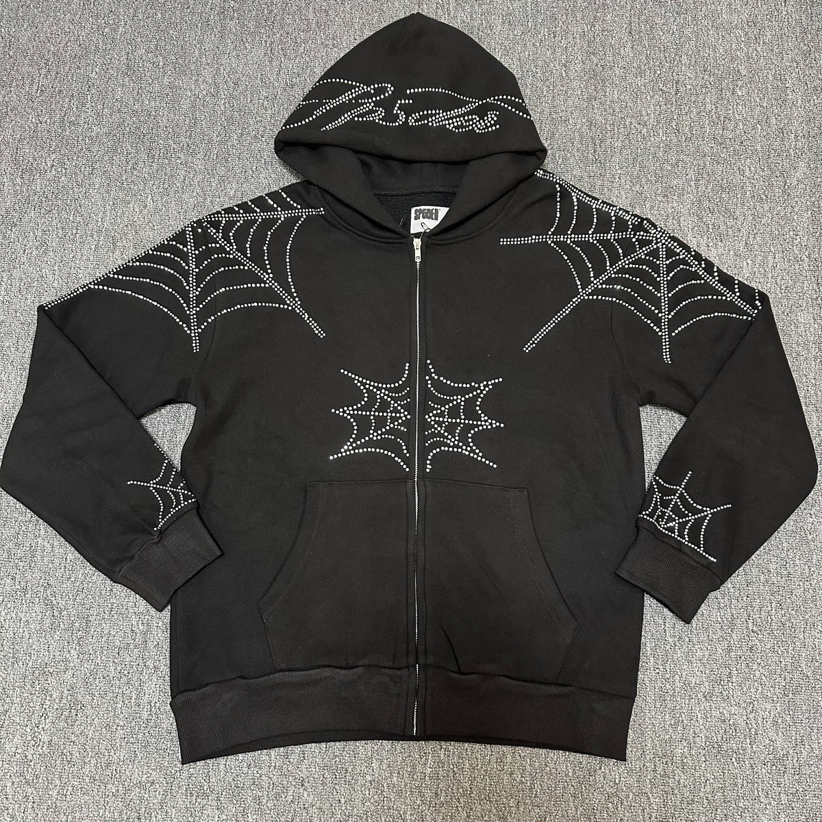 Sp5der Rhinestone Spiderweb Zip Hoodie & Pants Matching Set