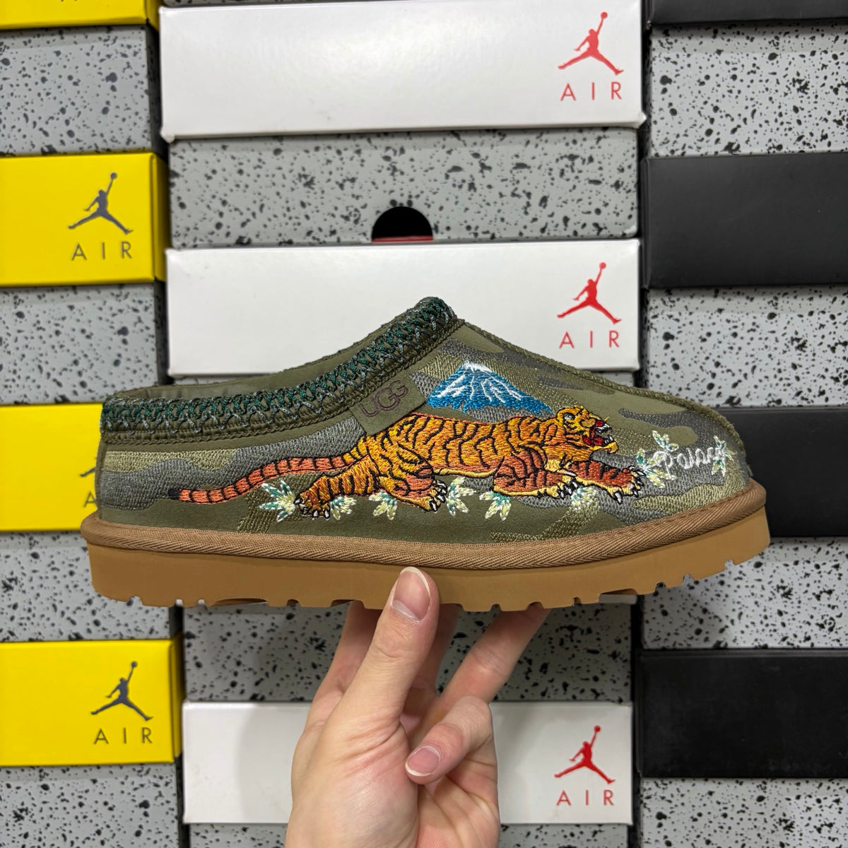 UGG x Palace Tazz Mule – Olive Sukajan Dragon Embroidery (Sizes 36–45)