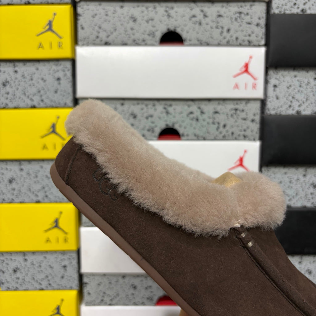 UGG Kallen Lace Moccasin – Chocolate & Grey Shearling (Sizes 35–40)