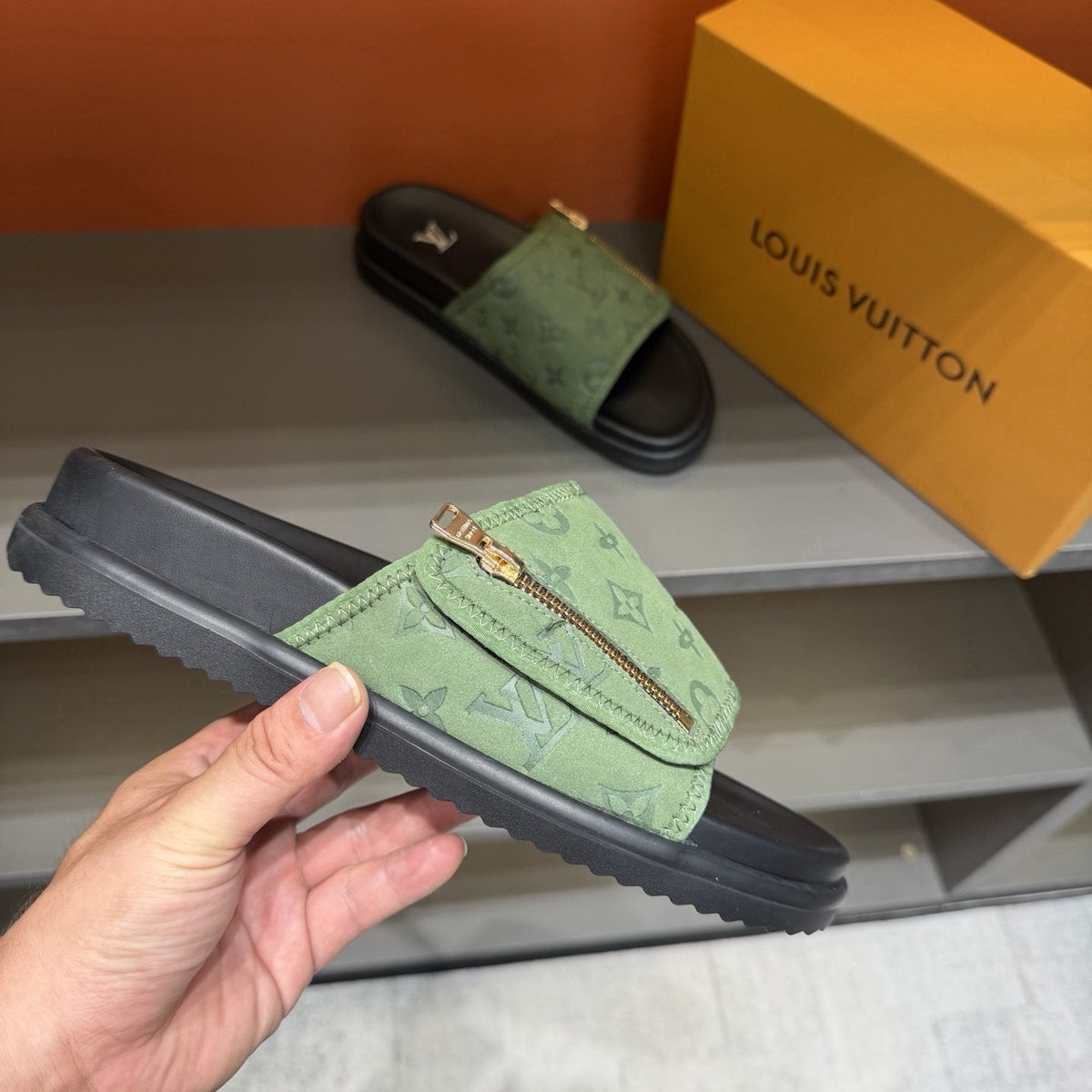 Louis Vuitton Light Green Patterned Slide Sandals