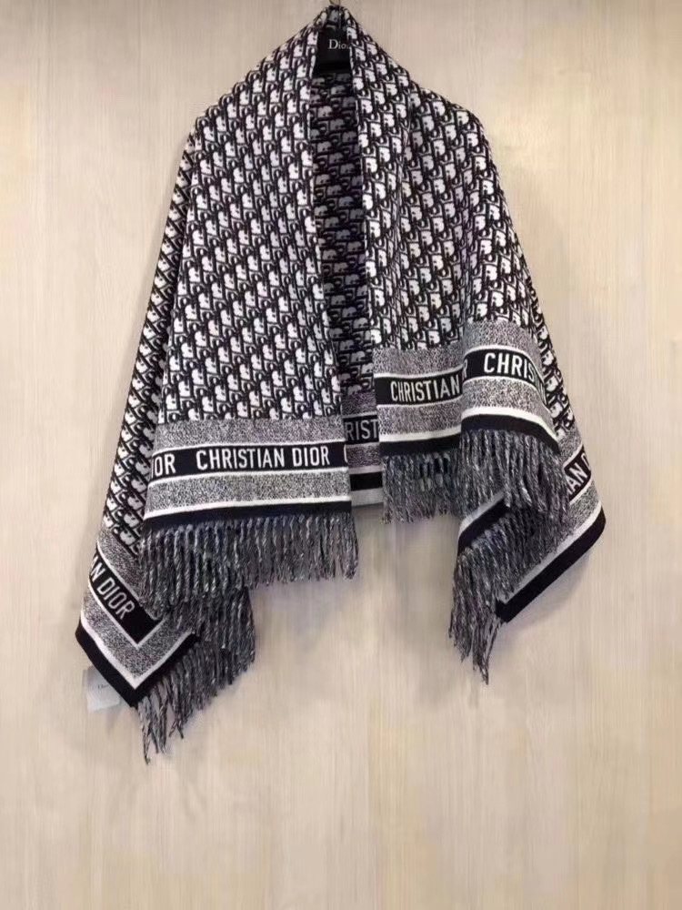 Dior Navy Blue & Ivory Fringed Scarf