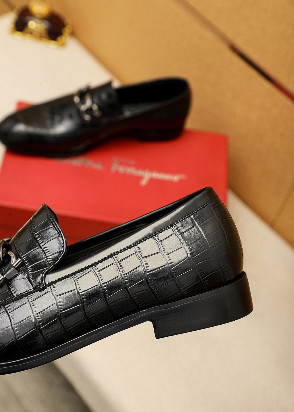 Ferragamo Black Embossed Bit Loafers - Stacked Heel