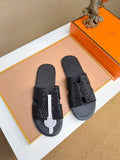 Hermès Black Textured H Slide Sandals - Beige Outsole