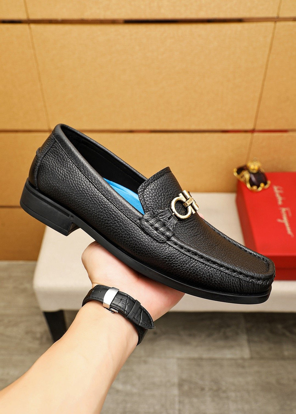 Ferragamo Black Textured Leather Loafers - Gold-Tone Hardware