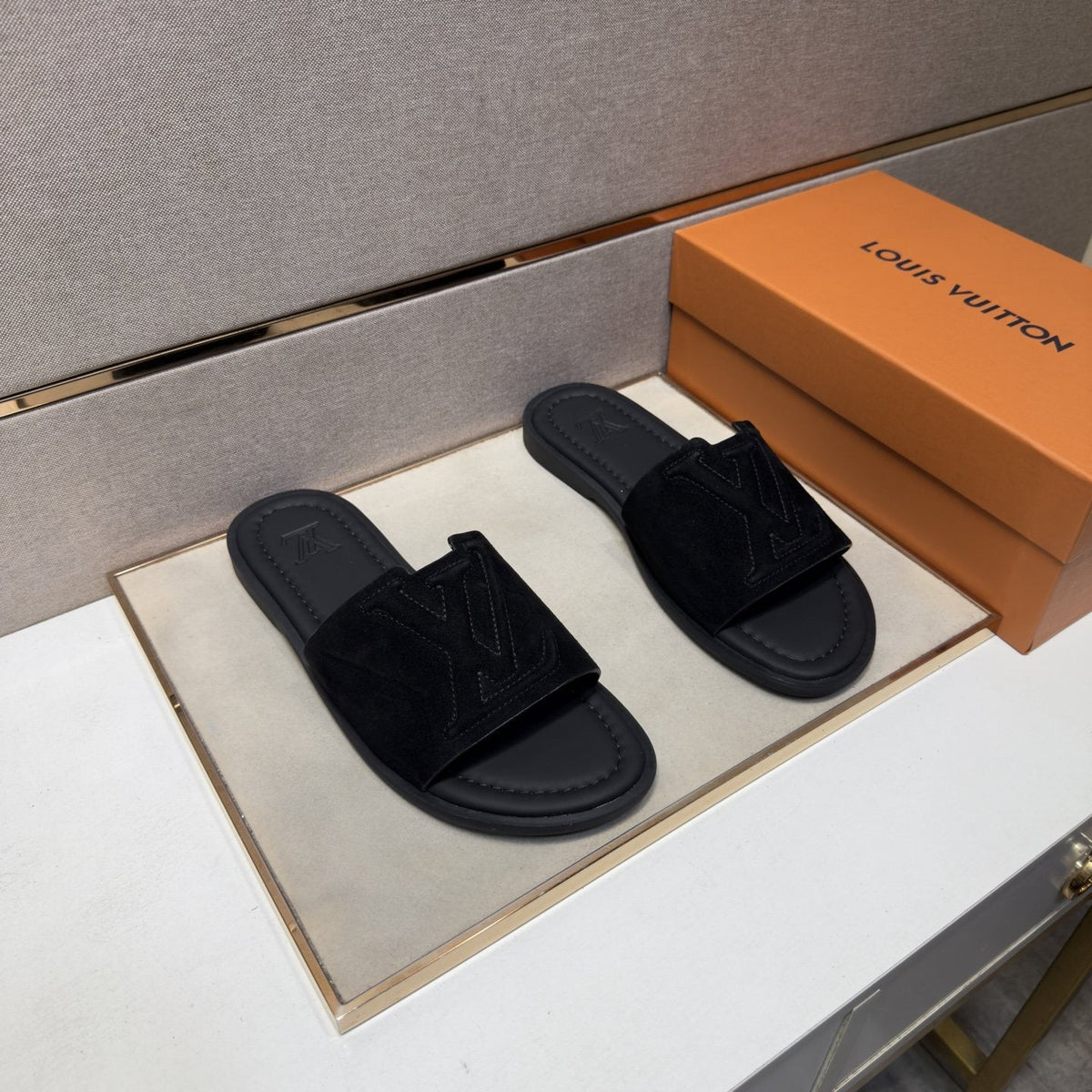 Louis Vuitton Men's Black Logo Slide Sandals - Contoured Footbed