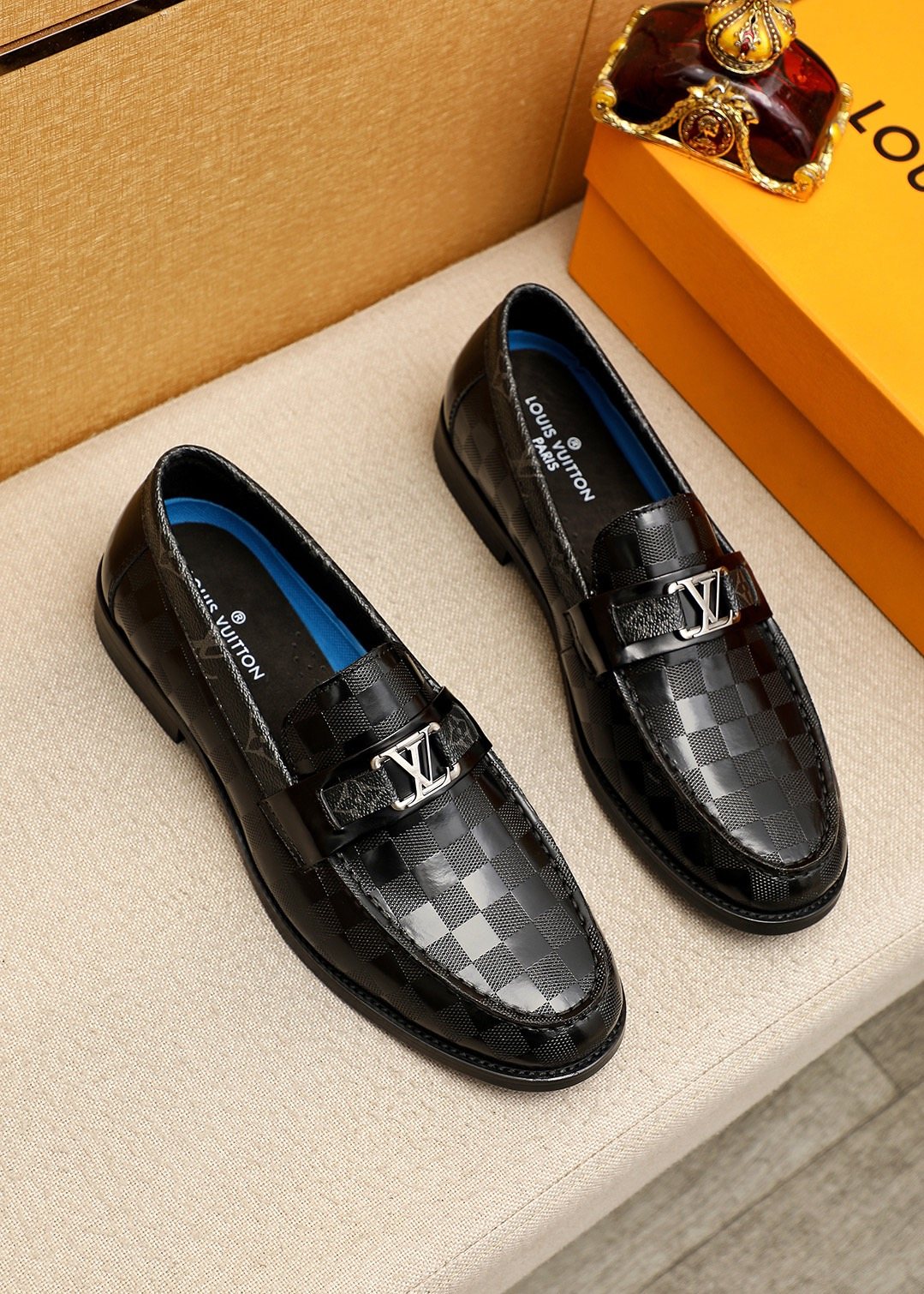 Louis Vuitton Black and Dark Gray Check Loafers