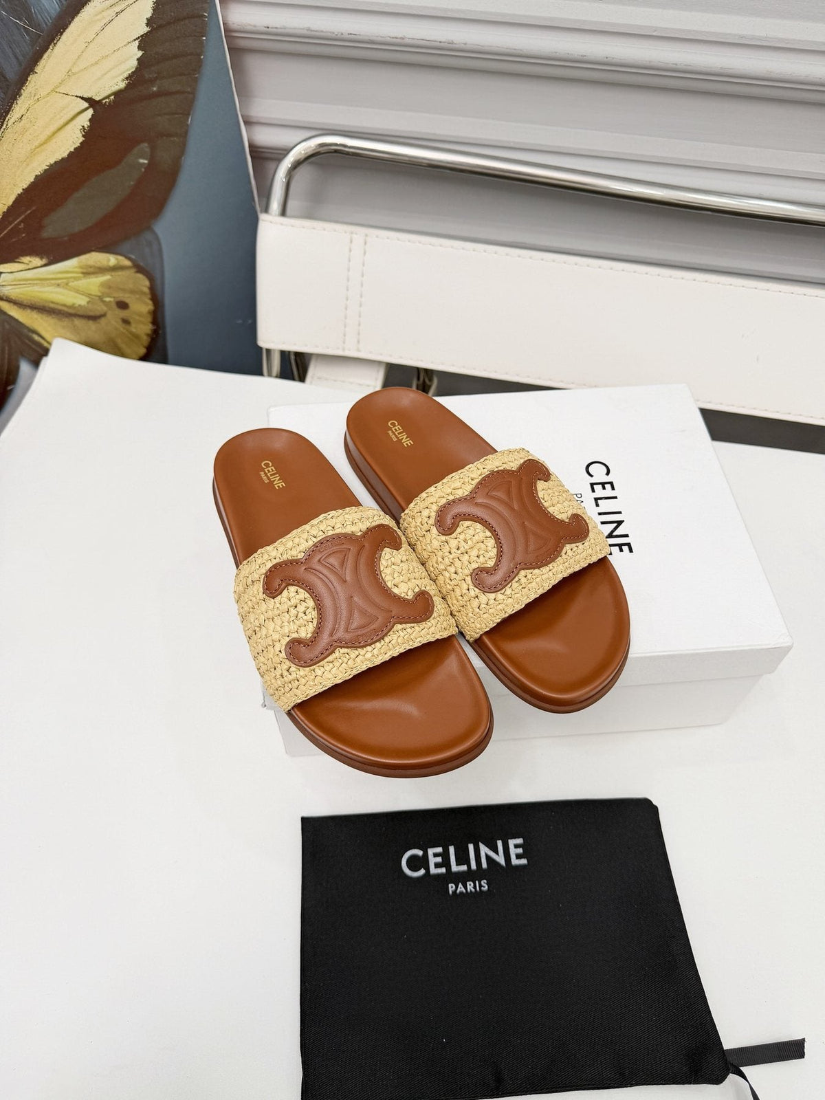 Celine Woven Emblem Slide Sandals