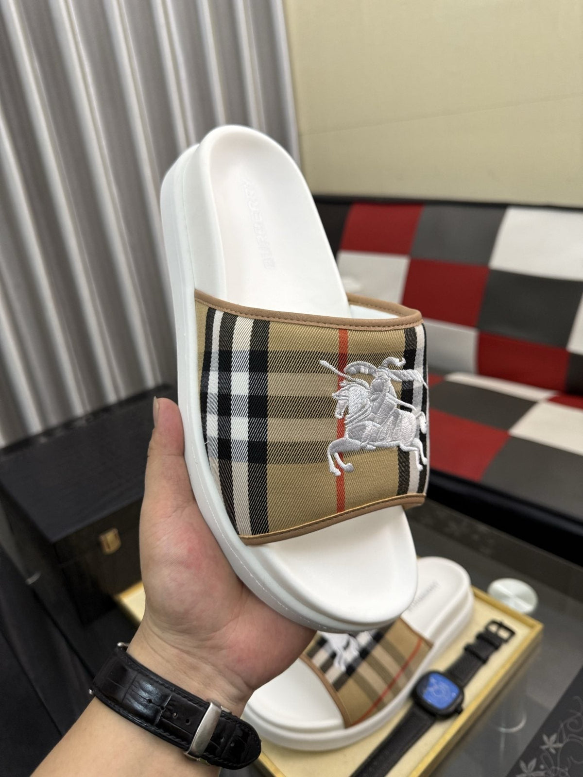 Burberry Plaid Horse Motif Slide Sandals