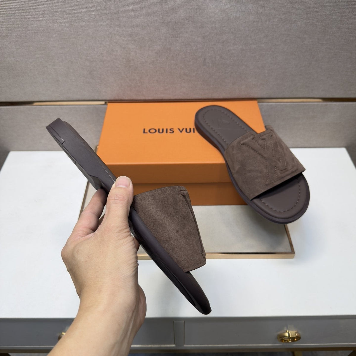 Louis Vuitton Men's Embossed Strap Slide Sandals - Leather Lining