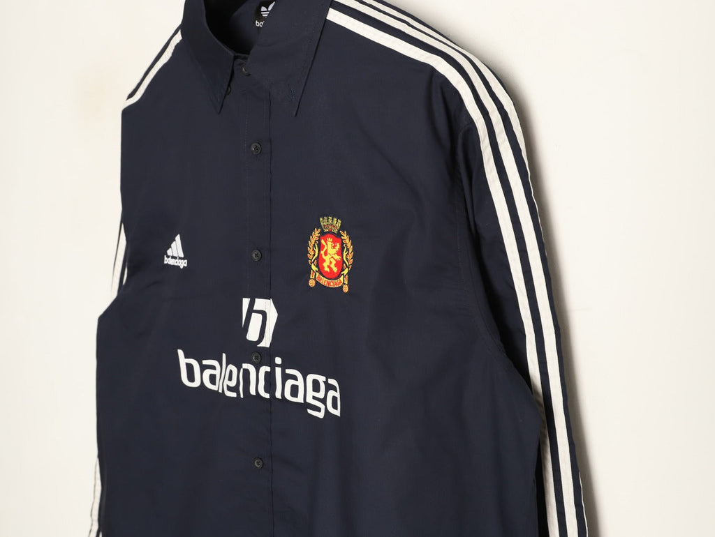 Balenciaga Striped-Sleeve Crest Button-Up Shirt - Dark Navy