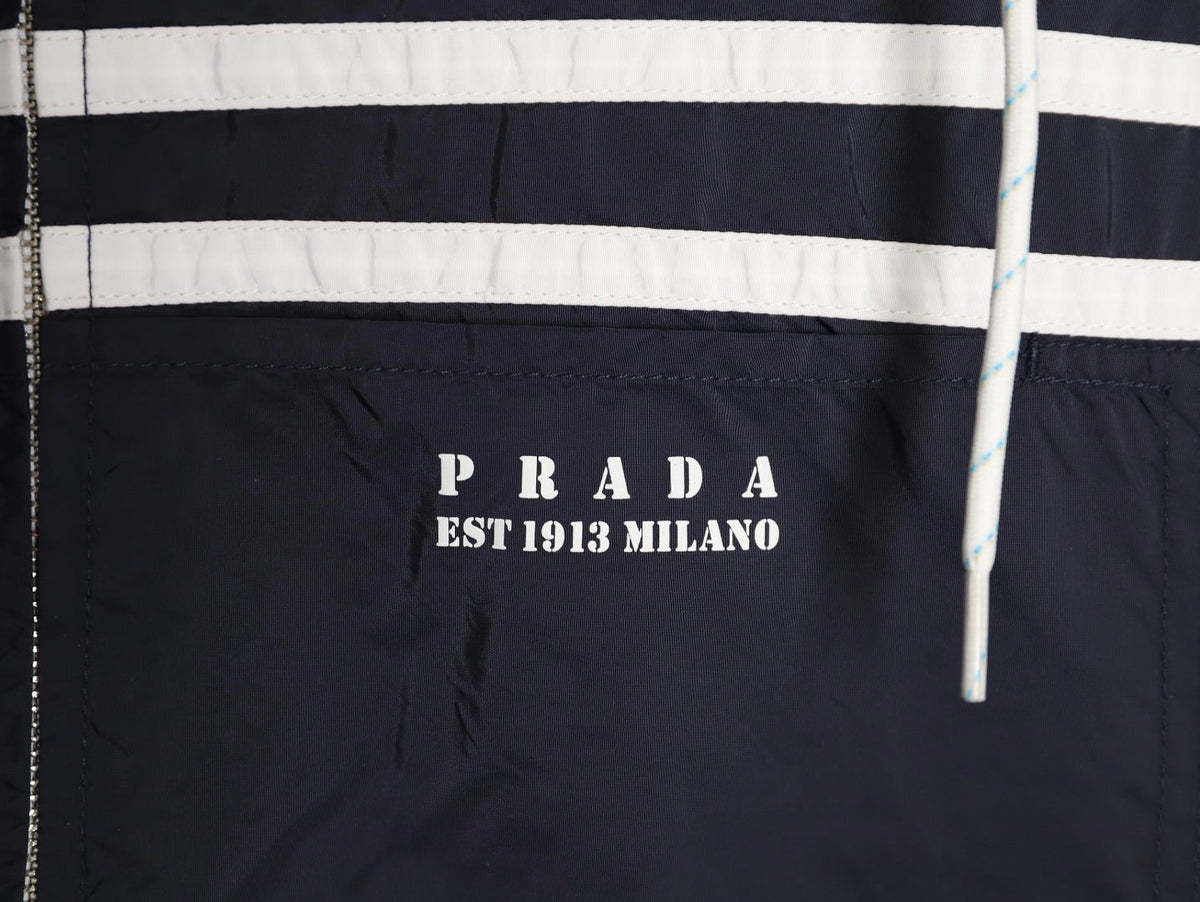 Prada Logo-Detail Contrast-Stripe Hooded Zip Jacket - Navy