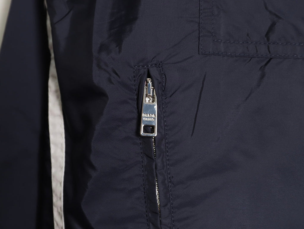 Prada Logo-Detail Contrast-Stripe Hooded Zip Jacket - Navy