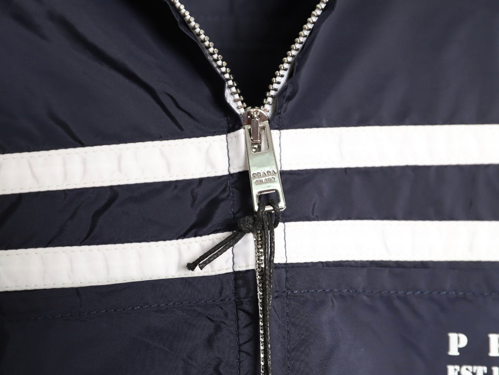 Prada Logo-Detail Contrast-Stripe Hooded Zip Jacket - Navy